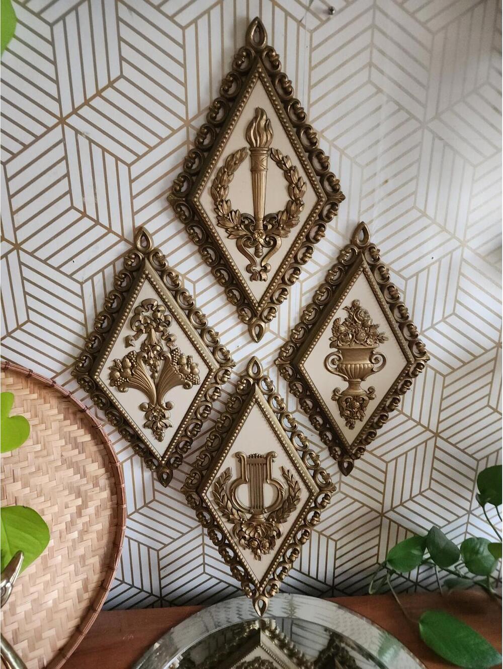 Vintage MCM Homco Syroco Hollywood Regency Gold Diamond Shape Wall Plaques